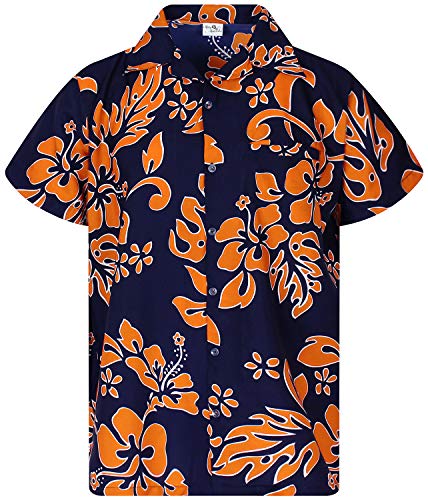 King Kameha Funky Hawaiihemd, Kurzarm, Hibiskus New, Orange auf Navyblau, XL von King Kameha