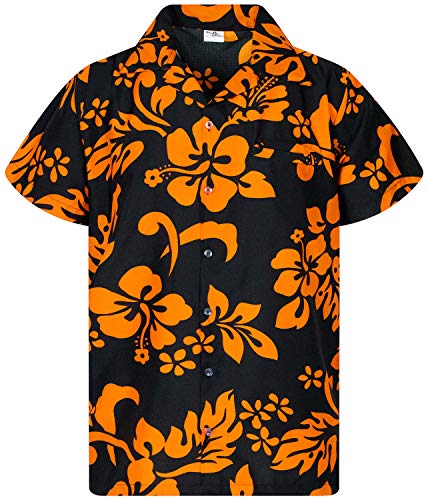 King Kameha Funky Hawaiihemd, Kurzarm, Hibiskus New, Orange auf Schwarz, XS von King Kameha