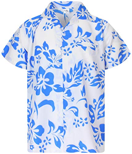 King Kameha Funky Hawaiihemd, Kurzarm, Hibiskus New, Türkis auf Weiß, 6XL von King Kameha