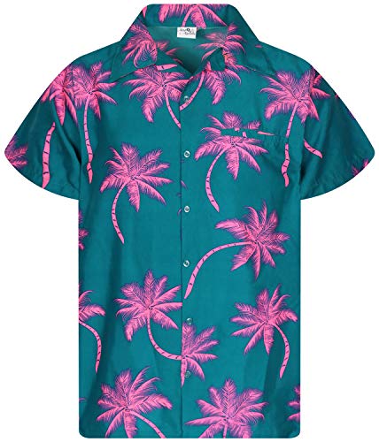 King Kameha Funky Hawaiihemd, Kurzarm, Palmshadow, Dunkelgrün Pink, 6XL von King Kameha