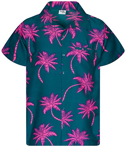 King Kameha Funky Hawaiihemd, Kurzarm, Palmshadow, Petrolgrün Pink, 5XL von King Kameha