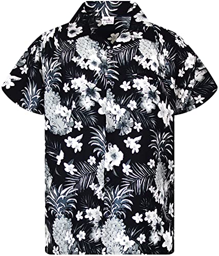 King Kameha Funky Hawaiihemd, Kurzarm, Print Pineapple Flowers, Monograu, 6XL von King Kameha