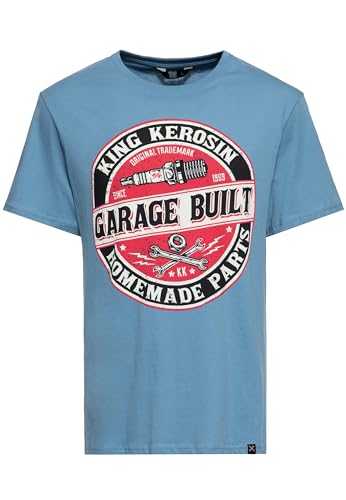 King Kerosin Herren Shirt Mit Frontprint Im Workerstyle Garage Built Rundhals Kurzarm Print-Shirt Regular Fit Bedruckt Abgesteppte Kante Garage Built von King Kerosin