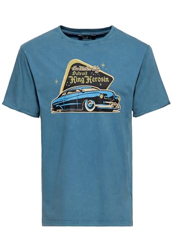 King Kerosin Herren T-Shirt | Rockabilly | Greaser | 50S | Comfort Fit | Front-Print | Retro | Vintage Look| Oil-Washed| Rock'n'roll | Muscle Car| Mercury | 1950 | Used L Detroit Greaser von King Kerosin