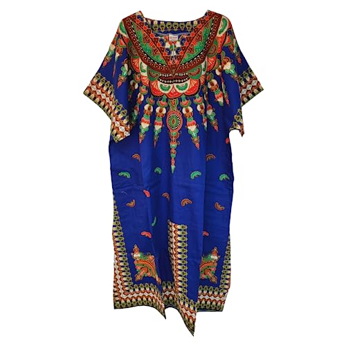 Langes Kaftan-Kleid für Damen, 100 % Baumwolle, Sommerkleid, Dashiki, afrikanischer Druck, Einheitsgröße, lockerer Stil, Strandabdeckung, blau, Einheitsgröße von Kiran Fashion