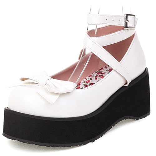 Klarmar Plateau Mary Jane Damen Chunky Sole Pump Bogen Flach Schuhe Schnalle Strap Party Schuhe Ruffles Weiß Gr 43 EU/45 Klarmar Plateau Mary Jane Damen Chunky Sole Pump Bogen Flach Schuhe Schnalle Strap Party Schuhe Ruffles Weiß Gr 43 EU/45 von Klarmar