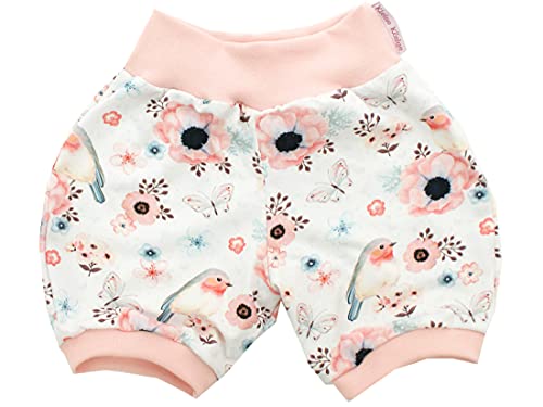 Kleine Könige Kurze Pumphose Baby Mädchen Shorts · Modell Blumen Vögel Birds weiß, Altrosa · Ökotex 100 Zertifiziert · Größe 110/116 von Kleine Könige