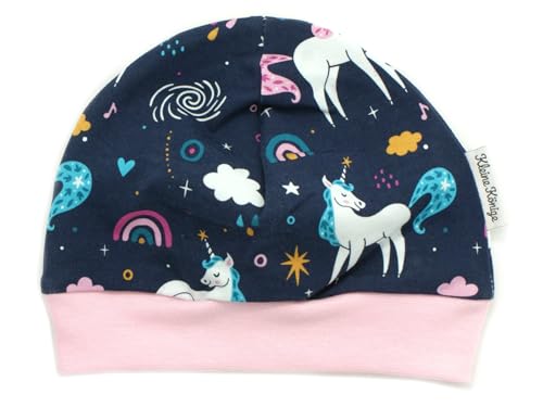 Kleine Könige Mütze Baby Mädchen Beanie · Modell Unicorn Regenbogen Einhorn Marine, zartrosa · Ökotex 100 Zertifiziert · Größe 122/128 von Kleine Könige