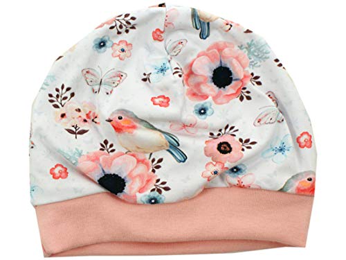 Kleine Könige Mütze Baby Mädchen Beanie · Mitwachs-Funktion · Modell Schmetterling Vögel Birds weiß, Altrosa · Ökotex 100 Zertifiziert · Größe 110/116 von Kleine Könige