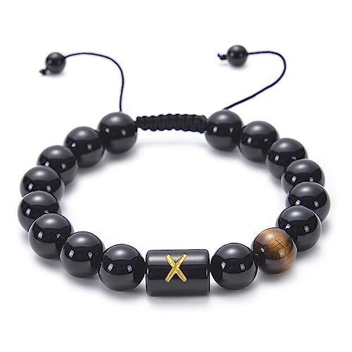 KnBoB 10MM Armband Perlen Herren, Schwarz X Einstellbar mit Buchstabe Tigerauge Naturstein Modeschmuck Armbänder 18 CM von KnBoB