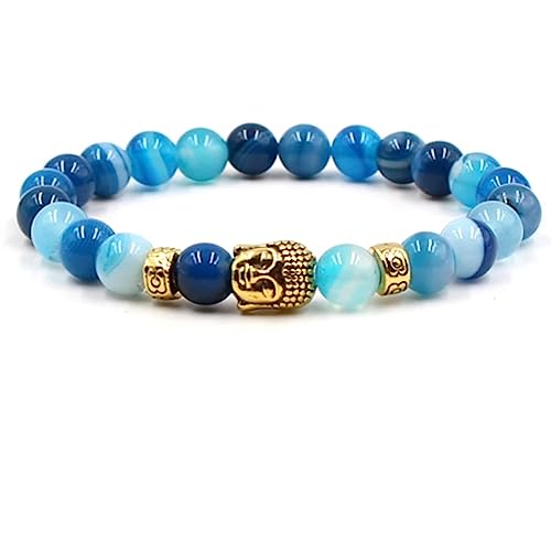 KnBoB 8MM Armband Perlen für Herren Damen, Legierung Blau Gold Buddha Achat Naturstein Stretch Schmuck Armbänder 19 CM von KnBoB