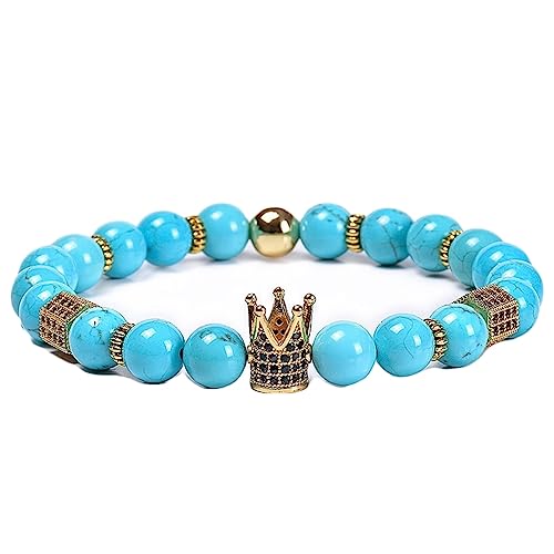 KnBoB 8MM Perlen Armband für Herren Damen, Legierung Blau Mit Gold Krone Naturstein Schmuck Armbänder 18 CM von KnBoB