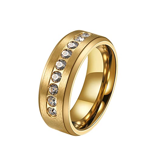 KnBoB 8MM Schmuck Edelstahl, Gold Einfach Strass mit Weiß Zirkonia Ringe für Verlobung für Herren Größe 54 (17.2) von KnBoB