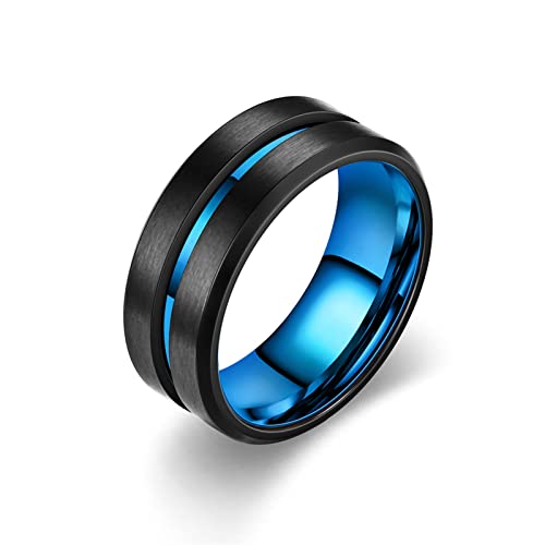 KnBoB 8MM Verlobungsring Mann Edelstahl Ring Schwarz Blau Matt mit Rille Schmuck Ring Hochzeit Größe 67 (21.3) von KnBoB