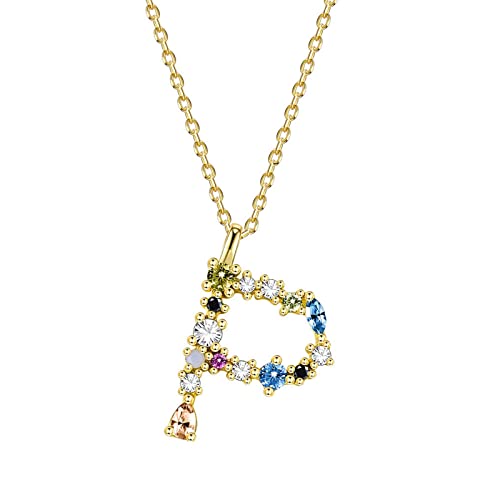 KnBoB Modeschmuck Damen Kette, 925 Silber Halskette Gold Buchstabe P 26 Buchstaben mit Bunt Rund Zirkonia Anhänger von KnBoB