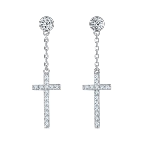 KnBoB Ohrringe Silber 925 Mädchen Damen, 0.5ct Moissanit Ketten Kreuz Edelstein Hänge Ohrringe Schmuck von KnBoB