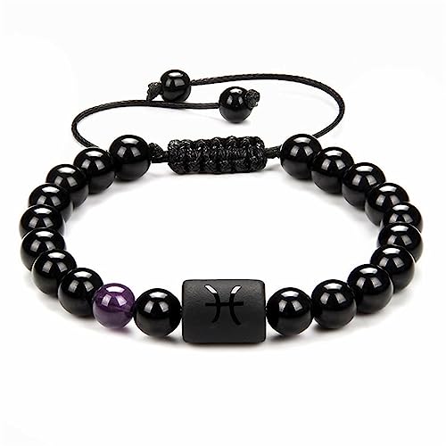 KnBoB Perlen Armband für Herren Damen, Schwarz Fische Sternzeichen Geflochten Onyx Naturstein Schmuck Armbänder 16.5 cm von KnBoB