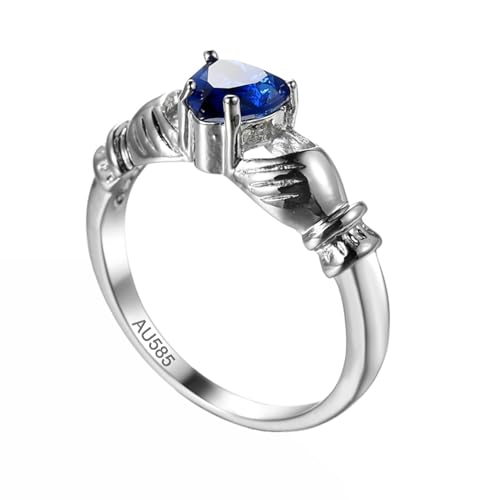 KnSam Weißgold 14K 585 Pärchen Ringe, Labor Erstellt Saphir Claddagh-Hand Freundschaftsringe Blau, Au585 Gold Hochzeitsring Echtschmuck, Gr.47 (15.0) von KnSam