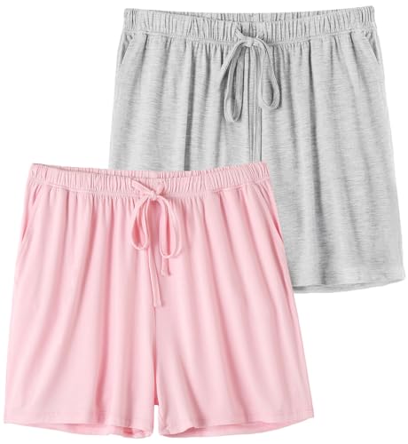 Knuffnee Damen Schlafanzughose Kurz Weiche Pyjama Shorts Pyjamahose mit Taschen und Kordelzug 2er Pack Grau/Rosa L von Knuffnee