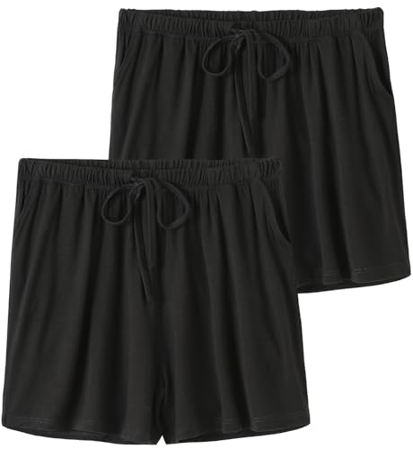 Knuffnee Damen Schlafanzughose Kurz Weiche Pyjama Shorts Pyjamahose mit Taschen und Kordelzug 2er Pack Schwarz/Schwarz S von Knuffnee