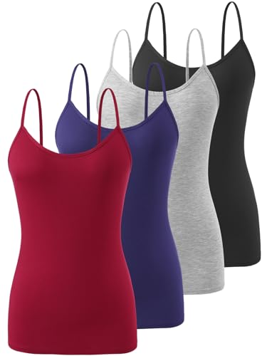 Knuffnee Damen Unterhemden Verstellbare Spaghetti Tops Basic Cami Tank Top 4er Pack Schwarz/Grau/Dunkelblau/Weinrot S von Knuffnee