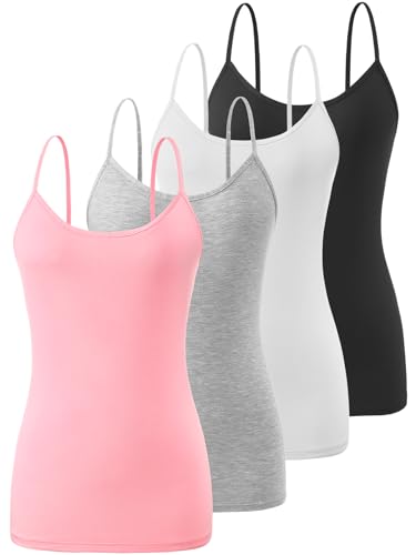 Knuffnee Damen Unterhemden Verstellbare Spaghetti Tops Basic Cami Tank Top 4er Pack Schwarz/Weiß/Grau/Rosa S von Knuffnee