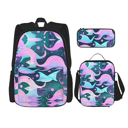 KoNsev Bedruckter Rucksack, 3-teiliges Set, Reisen, Wandern, leicht, Laptop, Federmäppchen, isolierte Lunchtasche für Damen, Meerjungfrauen-Pastellrosa, Aqua, Meerjungfrau Pastell Rosa Aqua, von KoNsev