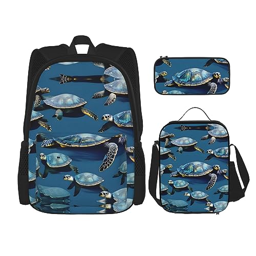 KoNsev Bedruckter Rucksack, 3-teiliges Set, Reisen, Wandern, leicht, Laptop, Federmäppchen, isolierte Lunchtasche für Damen, Meerjungfrauen-Pastellrosa, Aqua, Viele Meeresschildkröte-blau, von KoNsev