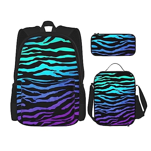 KoNsev Bedruckter Rucksack, 3-teiliges Set, für Reisen, Wandern, leicht, Laptop, Federmäppchen, isolierte Lunchtasche für Damen, Mohnblumen-Motiv, Lila Blau Grün Camouflage Zebra Streifen, von KoNsev