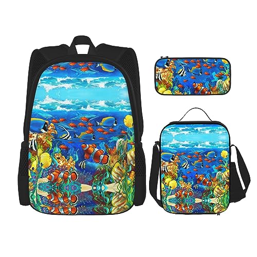 KoNsev Bedruckter Rucksack, 3-teiliges Set, für Reisen, Wandern, leicht, Laptop, Federmäppchen, isolierte Lunchtasche für Damen, Musiknoten-Druck, Ocean Tropical Fish Coral Undersea World, von KoNsev