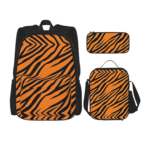 KoNsev Bedruckter Rucksack, 3-teiliges Set, für Reisen, Wandern, leicht, Laptop, Federmäppchen, isolierte Lunchtasche für Damen, Orange Rose, Orange Tiger Leopard, Einheitsgröße von KoNsev