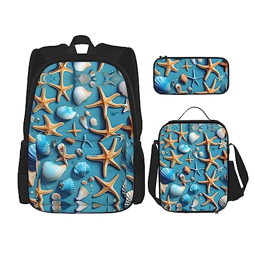 KoNsev Bedruckter Rucksack, 3-teiliges Set, für Reisen, Wandern, leicht, Laptop, Federmäppchen, isolierte Lunchtasche für Damen, alter Traktor, Fotobauernhof, Ocean Sea Beach Muscheln Seestern Blau, von KoNsev