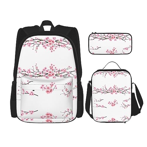 KoNsev Bedruckter Rucksack, 3-teiliges Set, für Reisen, Wandern, leicht, Laptop, Federmäppchen, isolierte Lunchtasche für Frauen, Pizza, Essen, Plum Blossom, Einheitsgröße von KoNsev