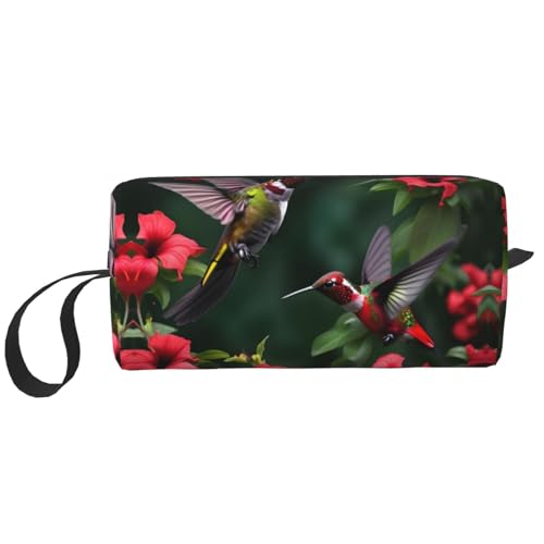 KoNsev Kulturbeutel für Damen und Herren, Motiv: Kolibris, rote Blumen, Hibiskus, kleine Münztasche, kleine Tasche, Kolibris, rote Blumen, Hibiskus, Einheitsgröße von KoNsev