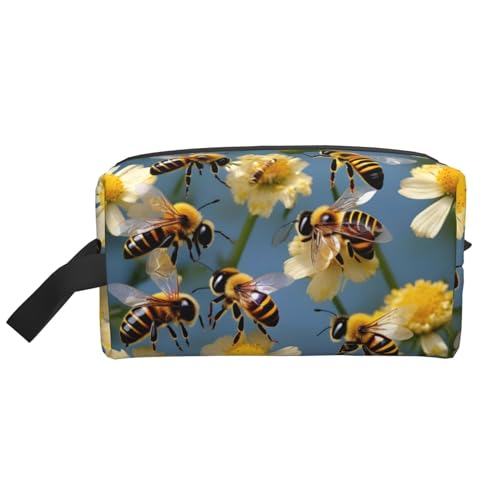 KoNsev Reise-Kulturbeutel mit Bienen-Motiv, für Damen und Herren, kleine Geldbörse, kleine Tasche, Honigbienen-Blumen, Einheitsgröße von KoNsev