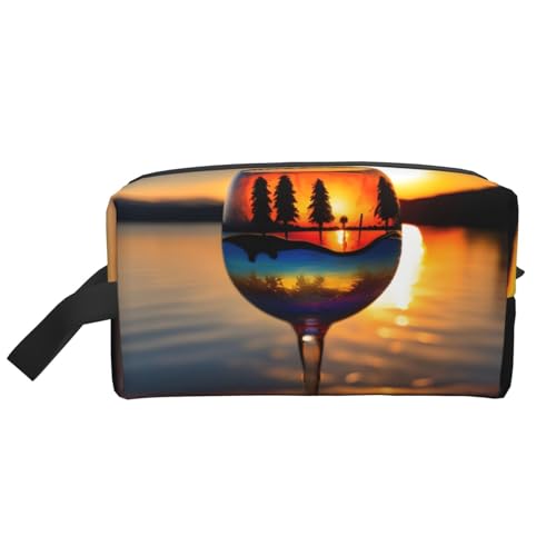 KoNsev Sunset Weinglas-Reise-Kulturbeutel für Damen und Herren, Zubehör-Organizer, kleine Münzgeldbörse, kleine Tasche, Weinglas Sonnenuntergang, Einheitsgröße von KoNsev