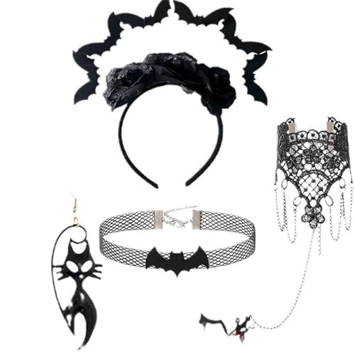 Kobeleen Fledermaus-Haarreifen für Damen, mit Ohrringen, Halsband, Haarband, Halloween, Karneval, Rollenspiele, Abschlussball, Party-Schmuck für Damen, 4 Stück von Kobeleen