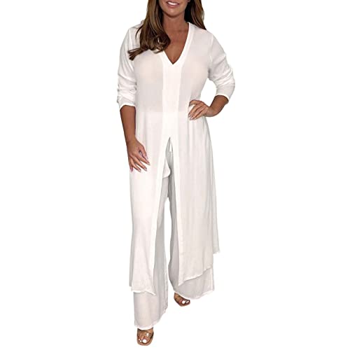 Damen Freizeitanzug 2-Teilig Elegant, Festlich Weich Loungewear Hosenanzüge Weites Bein 3/4 Arm V-Ausschnitt Komfort Hosenanzug Outfit Zweiteilige Sommer Herbst Frauen Anzug von Kobilee