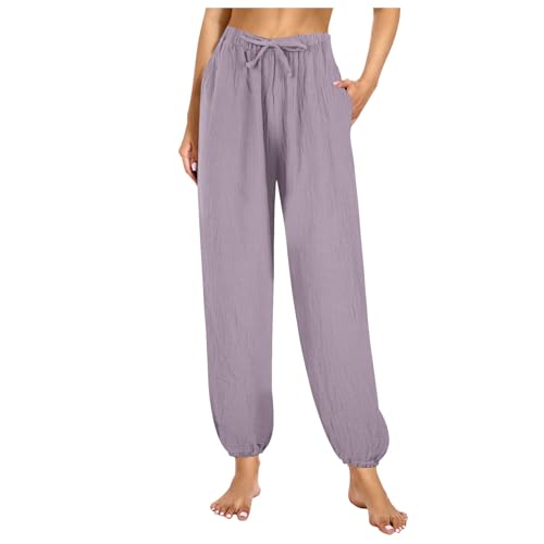 Kobilee Damen Musselin Hose Lang Grün Lila Rosa Beige Leinenhose mit Kordelzug und Taschen Musselin Jogginghose Bequeme Baumwolle Leinen Freizeithose Atmungsaktiv Sommerhose High Waist Strandhose von Kobilee