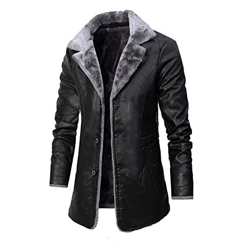 Kobilee Lederjacke Herren Lang Gefüttert Winter Warm Schwarz Braun Business Vintage Revers Ledermantel Wintermantel von Kobilee