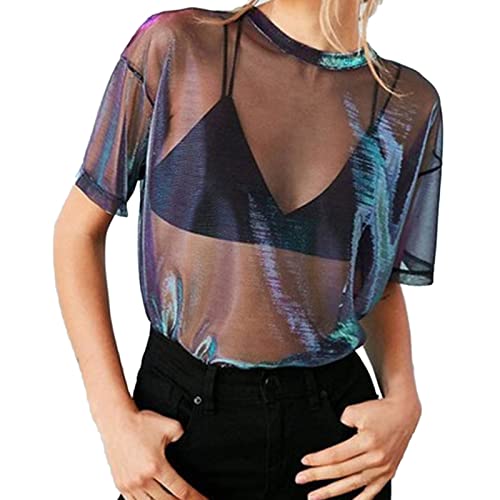 Kobilee Mesh Oberteil Damen Spitzen Schwarz Transparentes Eng Oberteile Netzshirt Große Größen Festliches Kurzarm Glitzeroberteil Crop Tops Party Sexy Cut Out Netzoberteil Mesh Top von Kobilee