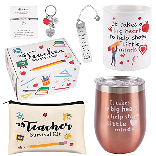 Lehrer-Wertschätzungs-Geschenk-Sets: Geschenkbox beinhaltet: Weinglas, Lesezeichen, Keramik-Stifthalter, Make-up-Tasche, Kosmetiktasche, Grau, 1 von Kolewo4ever