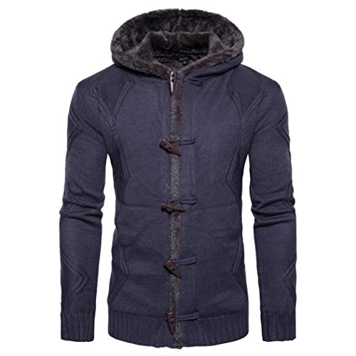 Strickjacke Herren Kolylong® Herren Herbst Winter Warm Strickmantel mit Kapuze Vintage Hoodie Grobstrick Verdickte Kapuzenpullover Sport Pullover Cardigan Mantel Pulli Sweatjacke Tops (XL, Marine) von Koly-Herren Bekleidung