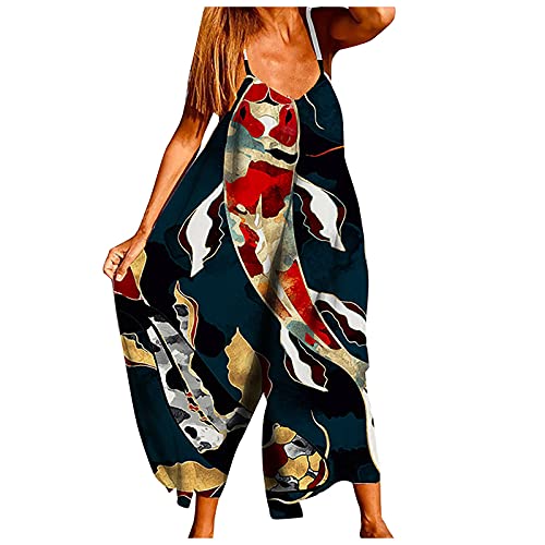 Kolylong® Jumpsuit Damen Elegant Boho Breites Bein Overalls Vintage Blumen Drucken Weite Bein Latzhose Frauen Ärmellos Träger Sommer Lang Einteiler Overall Lässige Locker Playsuits Sommerhose von Koly-Hundebett