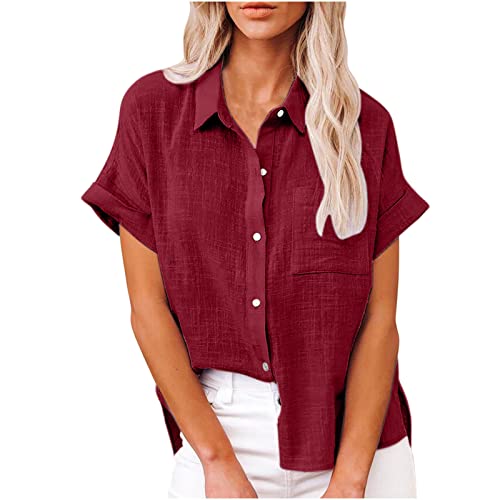 Bluse Damen Baumwolle Leinenbluse Einfarbig Blusenshirt Revers Shirts Kurzarm Tshirt Knöpfe Longbluse Einreihiges Hemd Sommer Tops V-Ausschnitt Hemdbluse Lose Oberteile Übergroße Langarm Damenblusen von Komiseup