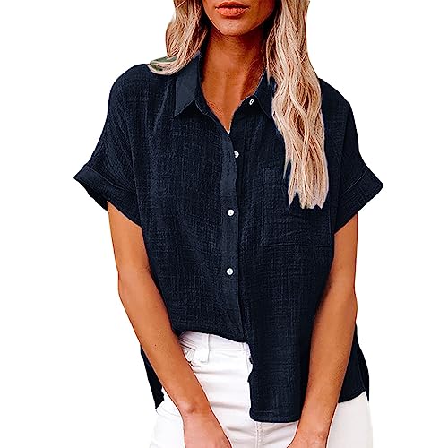 Bluse Damen Baumwolle Leinenbluse Einfarbig Blusenshirt Revers Shirts Kurzarm Tshirt Knöpfe Longbluse Einreihiges Hemd Sommer Tops V-Ausschnitt Hemdbluse Lose Oberteile Übergroße Langarm Damenblusen von Komiseup