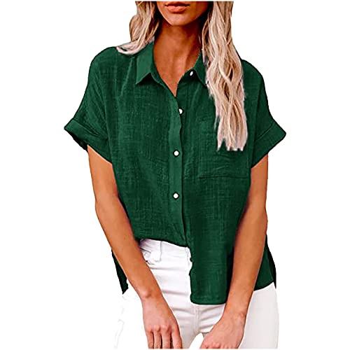 Bluse Damen Baumwolle Leinenbluse Einfarbig Blusenshirt Revers Shirts Kurzarm Tshirt Knöpfe Longbluse Einreihiges Hemd Sommer Tops V-Ausschnitt Hemdbluse Lose Oberteile Übergroße Langarm Damenblusen von Komiseup