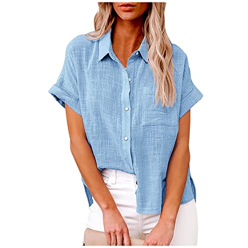 Bluse Damen Baumwolle Leinenbluse Einfarbig Blusenshirt Revers Shirts Kurzarm Tshirt Knöpfe Longbluse Einreihiges Hemd Sommer Tops V-Ausschnitt Hemdbluse Lose Oberteile Übergroße Langarm Damenblusen von Komiseup