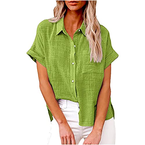 Bluse Damen Baumwolle Leinenbluse Einfarbig Blusenshirt Revers Shirts Kurzarm Tshirt Knöpfe Longbluse Einreihiges Hemd Sommer Tops V-Ausschnitt Hemdbluse Lose Oberteile Übergroße Langarm Damenblusen von Komiseup