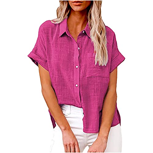 Bluse Damen Baumwolle Leinenbluse Einfarbig Blusenshirt Revers Shirts Kurzarm Tshirt Knöpfe Longbluse Einreihiges Hemd Sommer Tops V-Ausschnitt Hemdbluse Lose Oberteile Übergroße Langarm Damenblusen von Komiseup